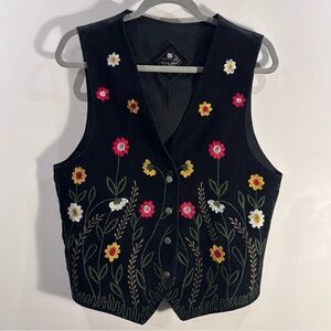 ASHLIN Sz S Suede Floral Embroidered Black Vest Satin Back Snap Buttons